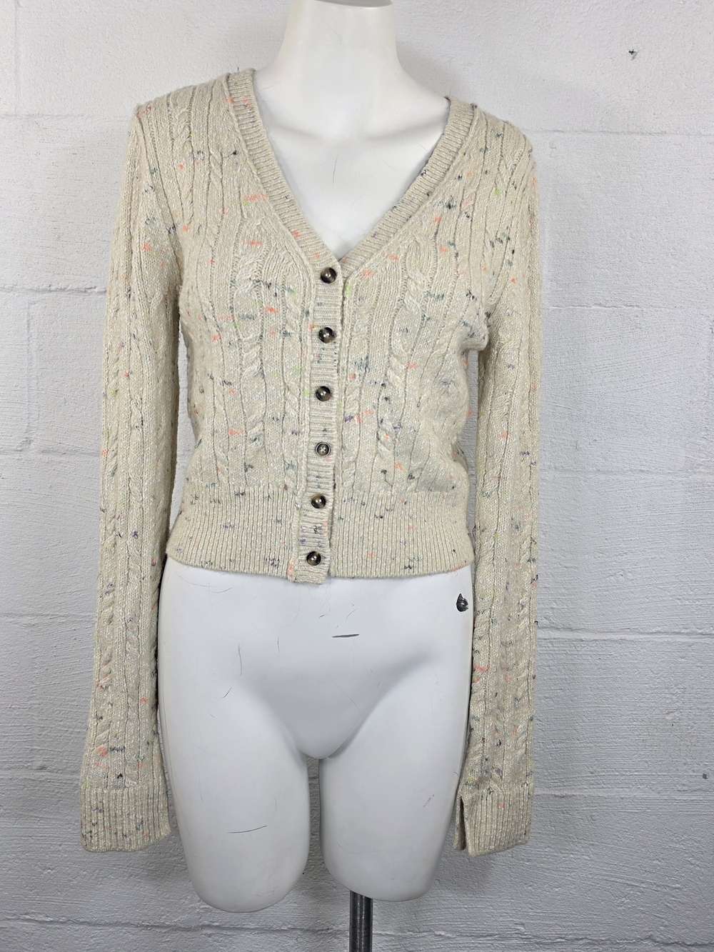 Pilcro Anthropologie Cream Speckled Cable Knit V-Neck Cardigan